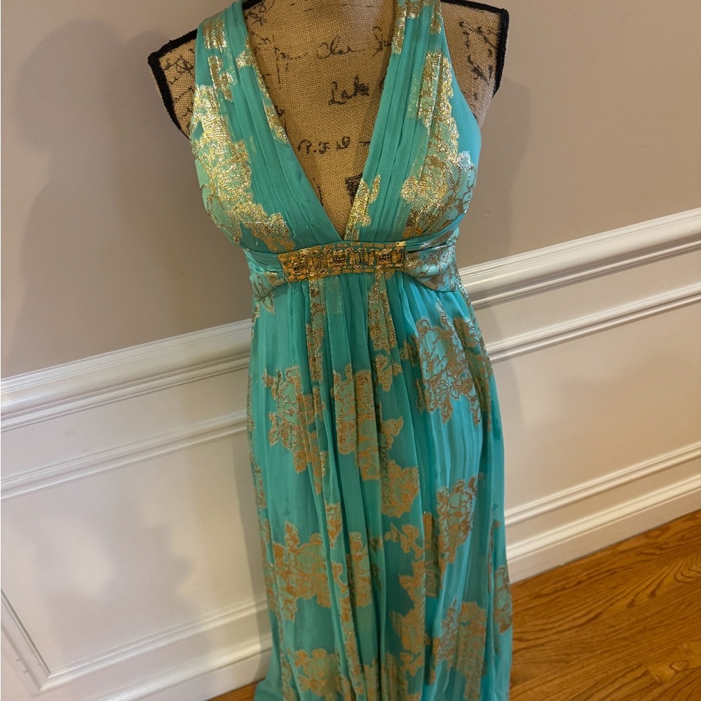 Elegant Teal and Gold Evening Gown